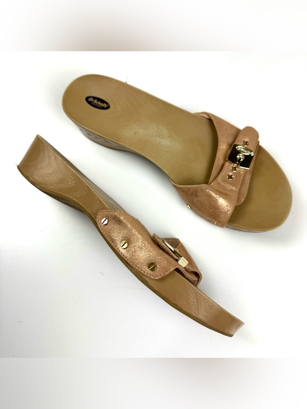 Dr. Scholl's Women's 10 M Classic Slide Sandals Metallic Rose Rubber Faux Wood